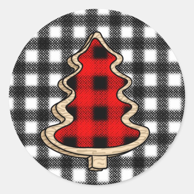 Buffalo Plaid, Red Gingham Christmas Trees   Classic Round Sticker (Front)