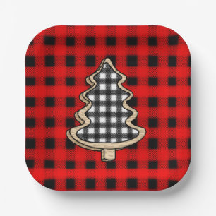 Buffalo Plaid, Red Gingham Christmas Trees Paper Plate