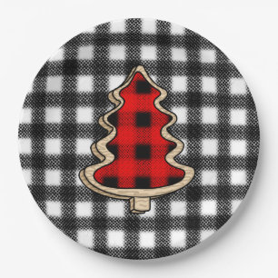 Buffalo Plaid, Red Gingham Christmas Trees Paper Plate
