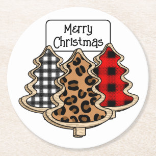 Buffalo Plaid, Red Gingham Christmas Trees Round Paper Coaster
