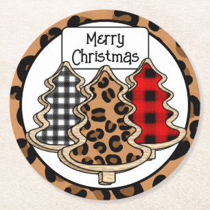 Buffalo Plaid, Red Gingham, Christmas Trees    Round Paper Coaster