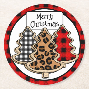 Buffalo Plaid, Red Gingham, Christmas Trees    Round Paper Coaster