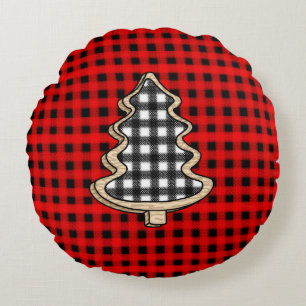 Buffalo Plaid, Red Gingham Christmas Trees Round Pillow