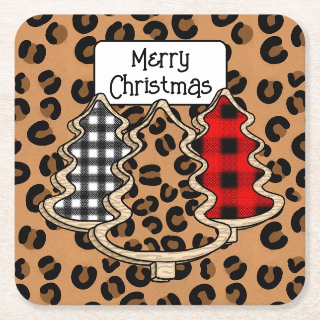 Buffalo Plaid, Red Gingham Christmas Trees   Square Paper Coaster (Front)