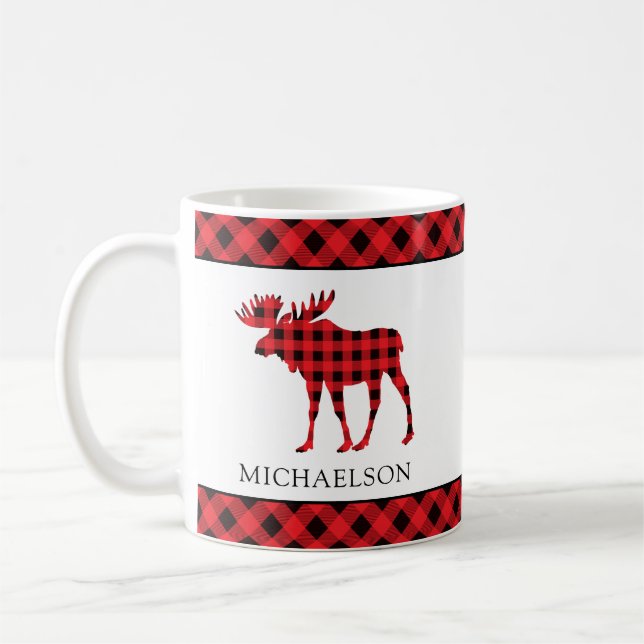 Buffalo Plaid Red Rustic Xmas Moose Silhouette Coffee Mug (Left)