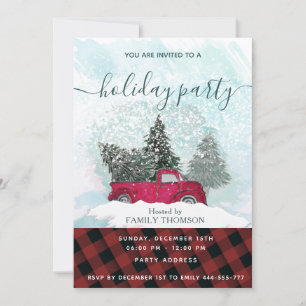 Buffalo plaid red truck winter scene holiday invitation