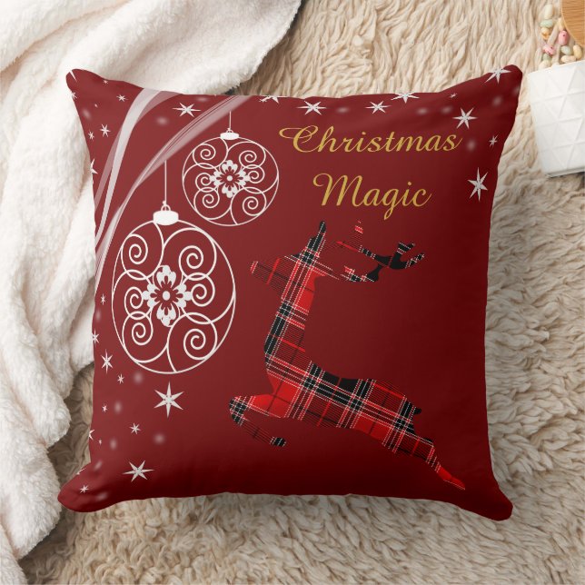 Buffalo Plaid Reindeer Christmas Magic Ornaments Throw Pillow (Blanket)