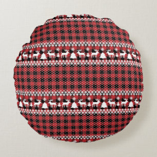 Buffalo Plaid Reindeer Fair Isle Round Pillow