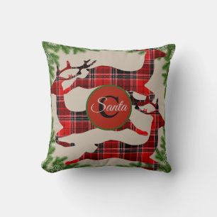 Buffalo Plaid Reindeer Pine Boughs Monogram Throw Pillow