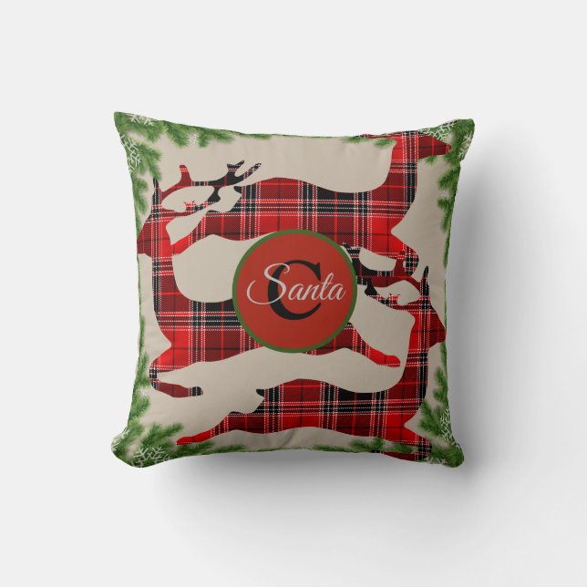 Buffalo Plaid Reindeer Pine Boughs Monogram Throw Pillow (Front)
