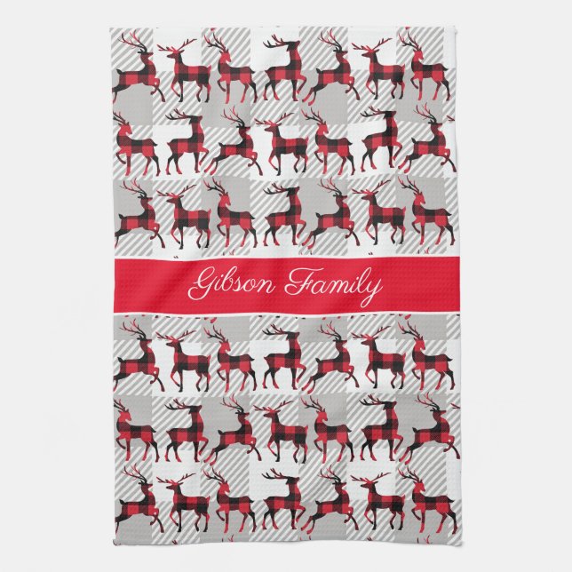 Buffalo Plaid Reindeers on Grey Buffalo Plaid Kitchen Towel (Vertical)