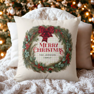 Buffalo Plaid Rustic Farmhouse Christmas Wreath Throw Pillow