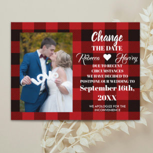 buffalo plaid rustic wedding change the date announcement postcard