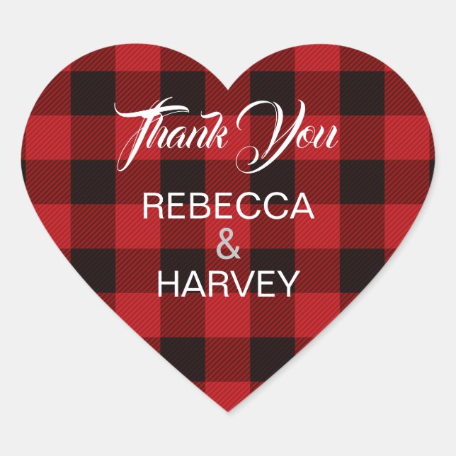 buffalo plaid rustic winter wedding favour heart sticker (Front)