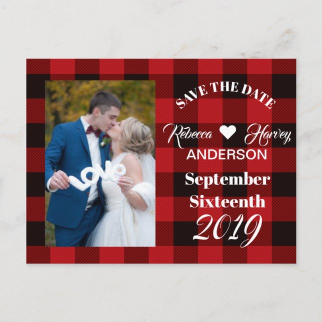buffalo plaid rustic winter wedding save the date announcement postcard (Front)