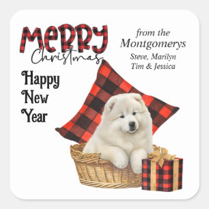 Buffalo Plaid Samoyed Puppy Christmas Square Sticker