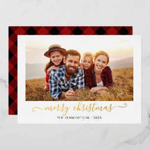 Buffalo Plaid Script Merry Christmas Photo Foil Holiday Card