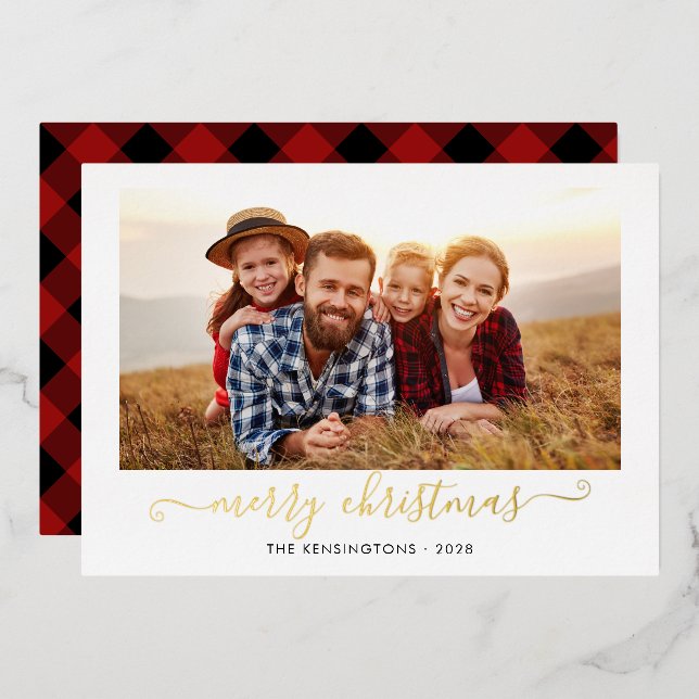Buffalo Plaid Script Merry Christmas Photo Foil Holiday Card (Front/Back)