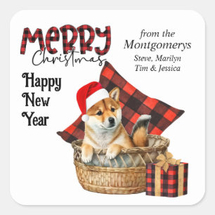 Buffalo Plaid Shiba Inu Puppy Christmas Square Sticker