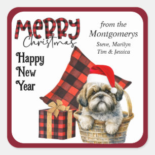 Buffalo Plaid Shih Tzu Puppy Christmas Square Sticker