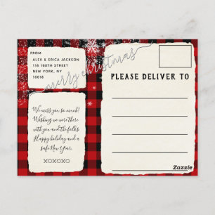 Buffalo Plaid Snowing Merry Christmas Script Postcard