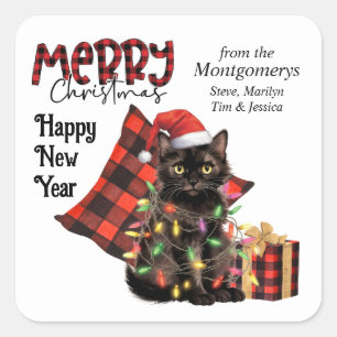 Buffalo Plaid Tangled Lights Cat Christmas Square Sticker