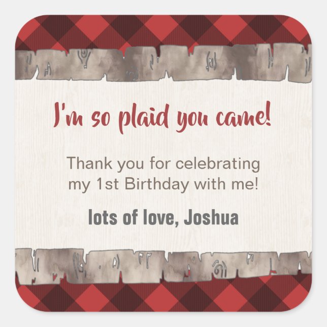 Buffalo Plaid Tree Trunk Rustic Thank You Square Sticker (Front)