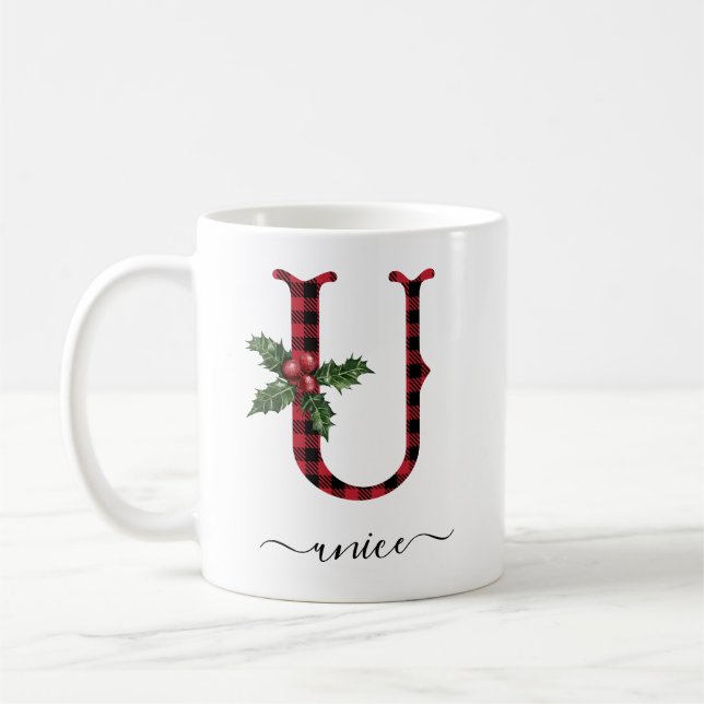 Buffalo Plaid U Monogram Christmas Coffee Mug (Gauche)