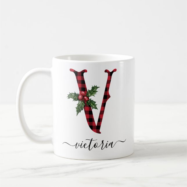 Buffalo Plaid V Monogram Christmas Coffee Mug (Gauche)