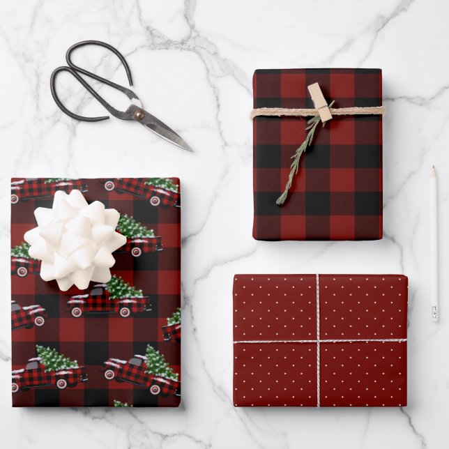 Buffalo Plaid Vintage Pickup Christmas Wrapping Paper Sheet (Front)