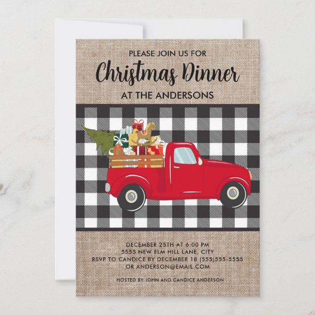 Buffalo Plaid Vintage Truck Christmas Dinner Invitation (Front)
