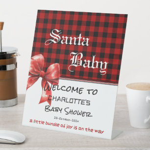 Buffalo Plaid Watercolor Bow Baby Shower Welcome Pedestal Sign