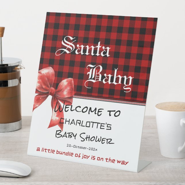 Buffalo Plaid Watercolor Bow Baby Shower Welcome Pedestal Sign (In SItu)