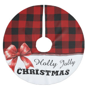 Buffalo Plaid Watercolor Bow Holly Jolly Christmas Brushed Polyester Tree Skirt