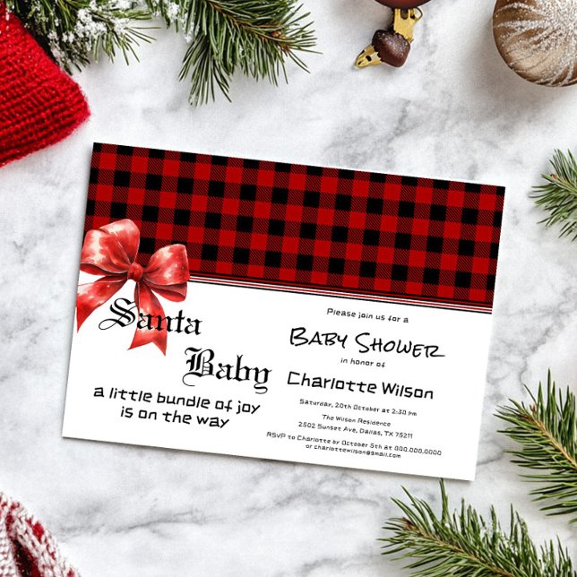 Buffalo Plaid Watercolor Red Bow Baby Shower Invitation (Creator Uploaded)