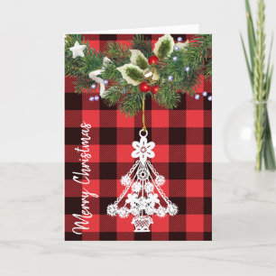 Buffalo Plaid White Christmas Tree Ornament  Holiday Card