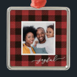 Buffalo Plaid with Joyful Script Photo Christmas Metal Ornament<br><div class="desc">Red buffalo plaid joyful script photo Christmas Ornament.</div>