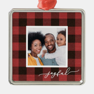 Buffalo Plaid with Joyful Script Photo Christmas Metal Ornament