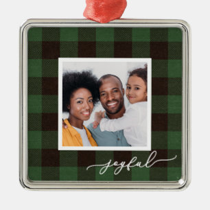 Buffalo Plaid with Joyful Script Photo Christmas Metal Ornament