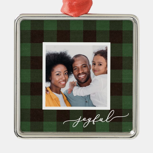 Buffalo Plaid with Joyful Script Photo Christmas Metal Ornament (Front)