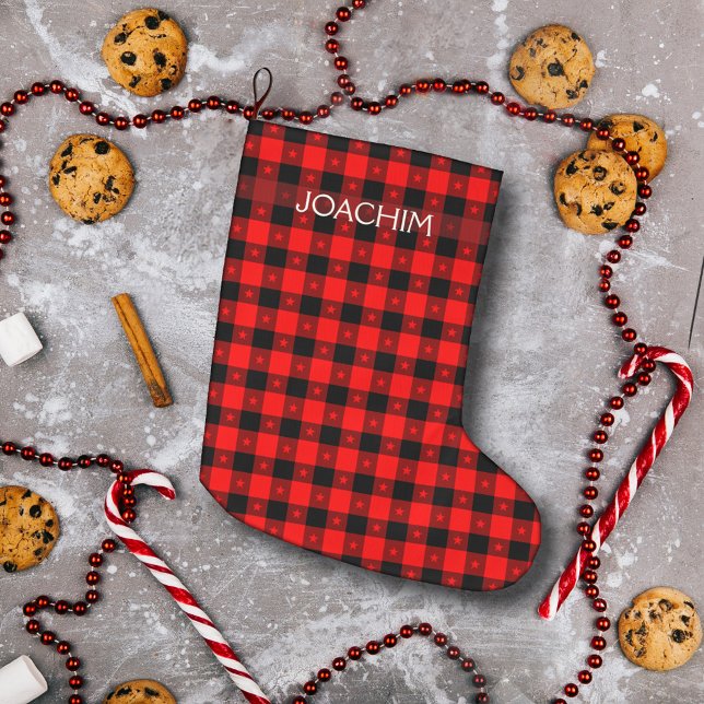    Buffalo Plaid With Tiny Stars Personalized Name Large Christmas Stocking (Creator Uploaded)