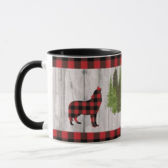 Buffalo Plaid Wolf Christmas Trees on Wood Mug (Left)