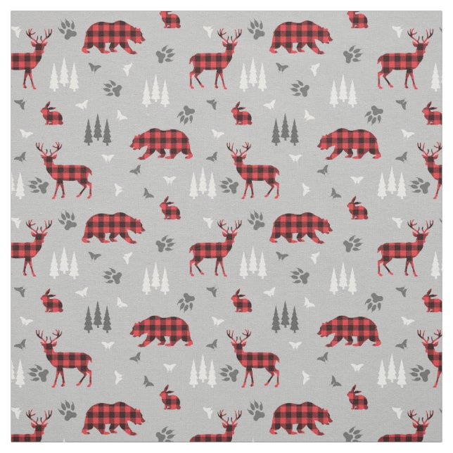 Buffalo Plaid Woodland Animals Pattern Fabric (Swatch)