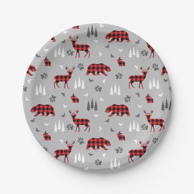 Buffalo Plaid Woodland Animals Pattern Paper Plate (Front)