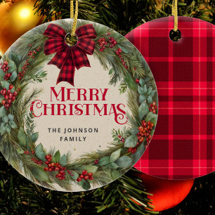 Buffalo Plaid Wreath Family Name Christmas Ceramic Ornament