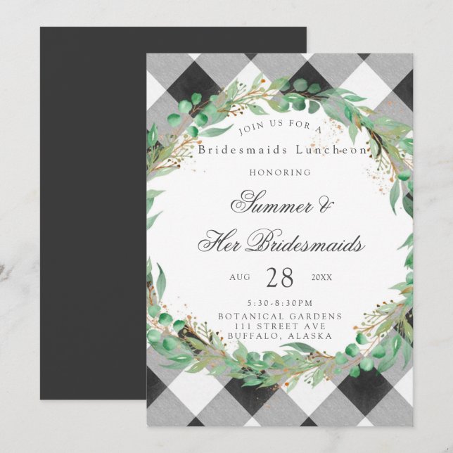 Buffalo Plaid Wreath Gold Bridesmaids Luncheon Invitation (Front/Back)