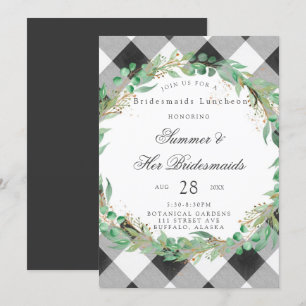 Buffalo Plaid Wreath Gold Bridesmaids Luncheon Invitation
