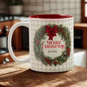 Buffalo Plaid Wreath Red and White Christmas Mug