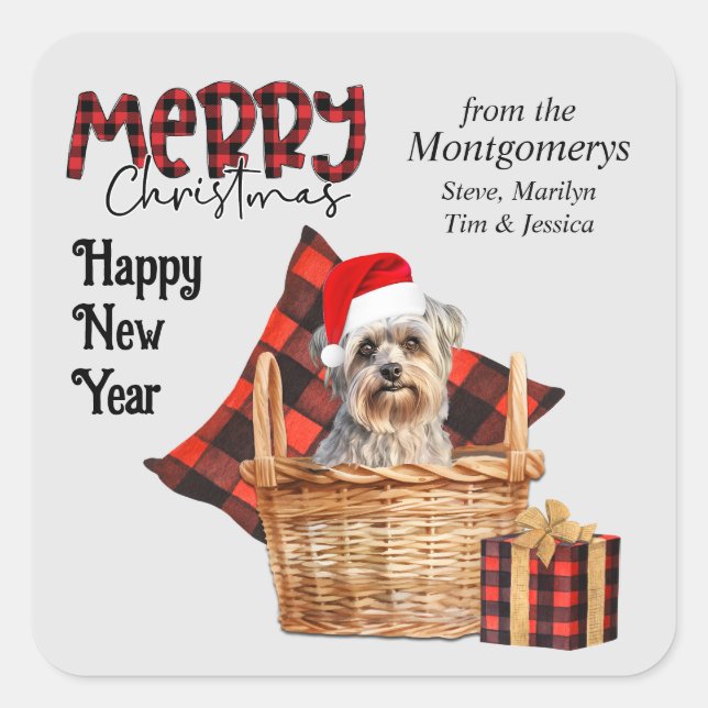 Buffalo Plaid Yorkshire Terrier Dog Christmas Square Sticker (Front)