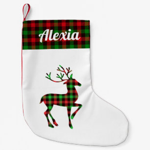 buffalo red green plaid reindeer personalized name small christmas stocking